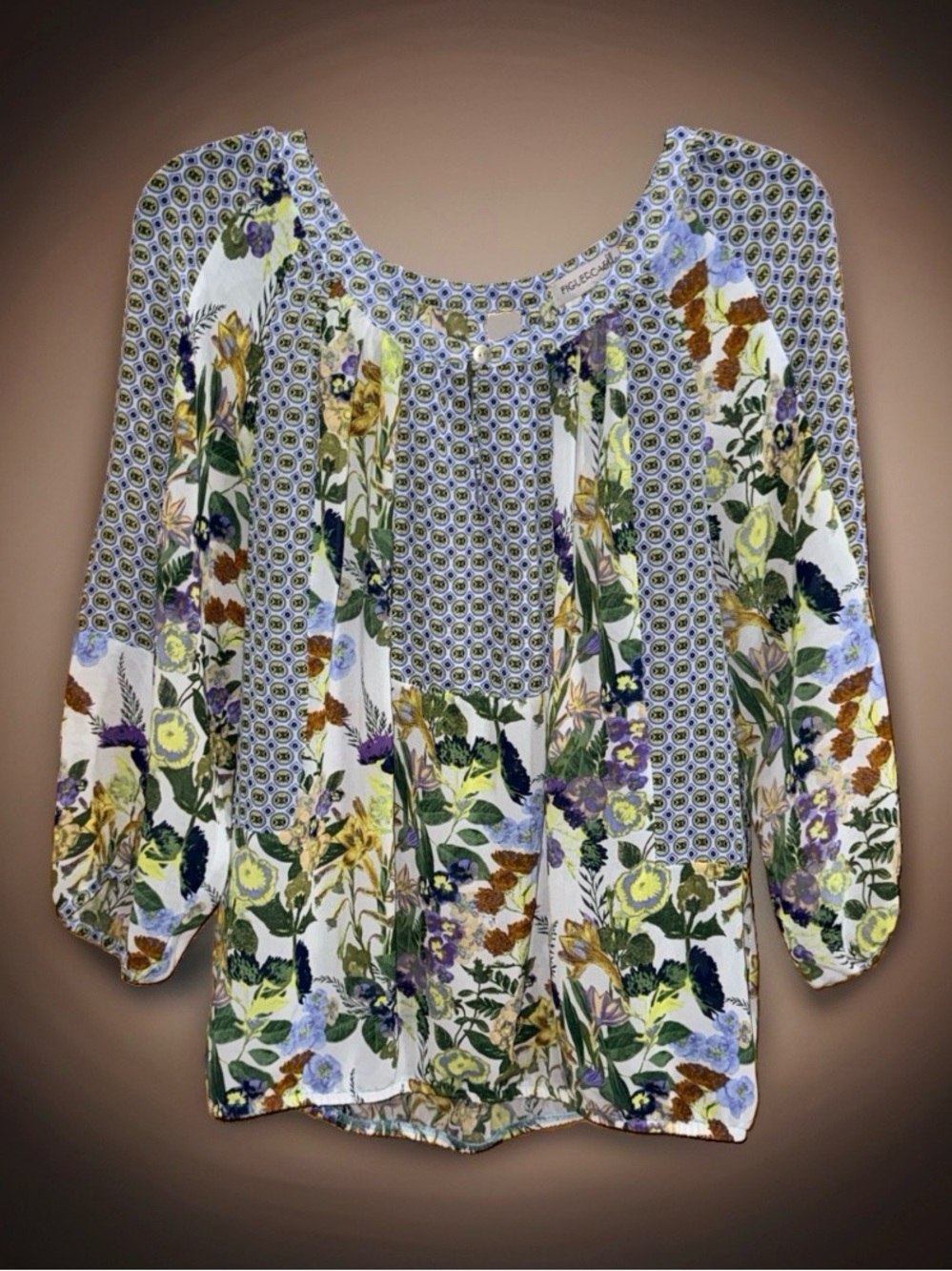 Figueroa & Flower Multi Color Boho Floral Patchwork Print Scoop-Neck Blouse-M-EC